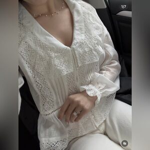 Caroline Constas White Lace Pintuck Peplum Blouse Size L NWT Boho Romantic